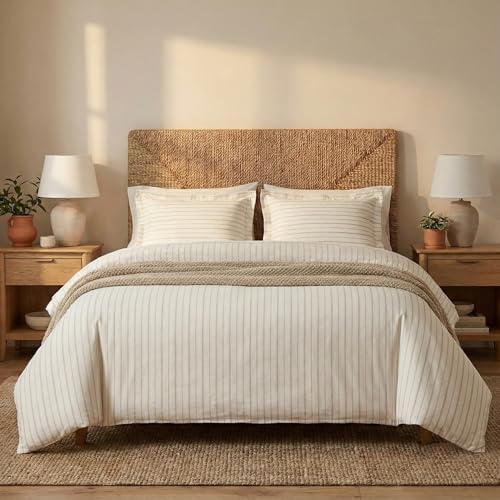 BIOWEAVES 100% Organic Cotton Full/Queen Duvet Cover Set, 3-Piece, 300 TC Sateen Weave GOTS Certified Comforter Cover with Buttoned Closure and 2 Pillow Shams – Natural/Biscotti Stripes, 90x90 inches