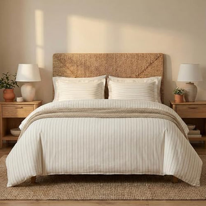 BIOWEAVES 100% Organic Cotton Full/Queen Duvet Cover Set, 3-Piece, 300 TC Sateen Weave GOTS Certified Comforter Cover with Buttoned Closure and 2 Pillow Shams – Natural/Biscotti Stripes, 90x90 inches