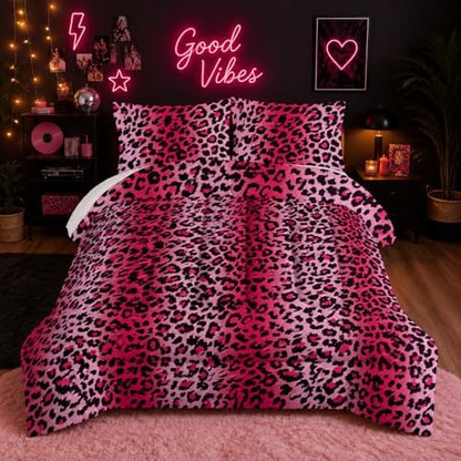 Nttopship Pink Leopard Print Comforter Bedding Set with 2 Pillowcase Twin Size Cheetah Painting Comforter Set for Kids Boys Girls Bedroom Decor