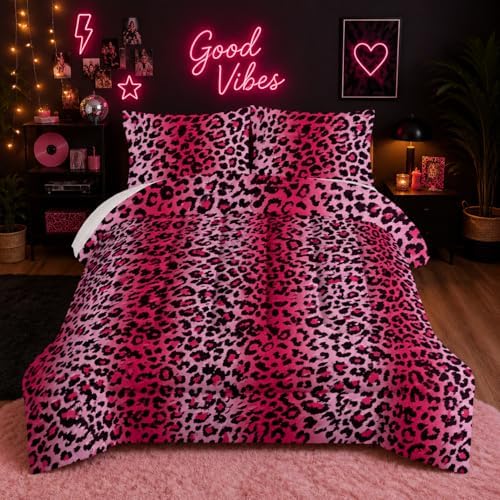 Nttopship Pink Leopard Print Comforter Bedding Set with 2 Pillowcase Queen Size Cheetah Painting Comforter Set for Kids Boys Girls Bedroom Decor