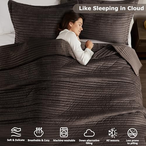 WDCOZY Velvet King Size Quilt Set - Chocolate Striped Soft Lightweight Bedspread, Dark Brown Neutral Ribbed Farmhouse Country Rustic Coverlet, Coffee Modern Bedding Warm Thin Comforter, 3 Pieces