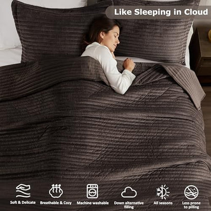 WDCOZY Velvet King Size Quilt Set - Chocolate Striped Soft Lightweight Bedspread, Dark Brown Neutral Ribbed Farmhouse Country Rustic Coverlet, Coffee Modern Bedding Warm Thin Comforter, 3 Pieces