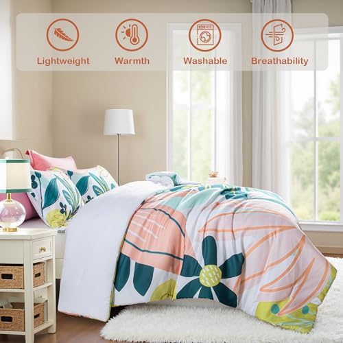 Tyrot Boho Floral Queen Comforter Set - 3 Piece Summer Tropical Botanical Bedding Comforter Sets for All Season Soft Lightweight Mid Century Bed Set, (1 Reversible Comforter and 2 Pillow Shams