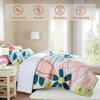 Tyrot Boho Floral Queen Comforter Set - 3 Piece Summer Tropical Botanical Bedding Comforter Sets for All Season Soft Lightweight Mid Century Bed Set, (1 Reversible Comforter and 2 Pillow Shams