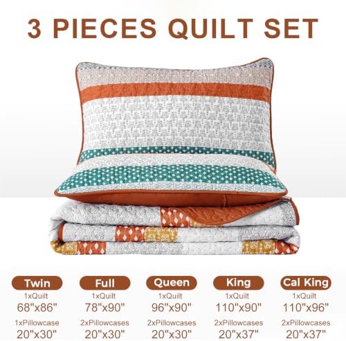 WONGS BEDDING Orange Queen Size Quilt Set, Boho Striped Patchwork Bedspread
