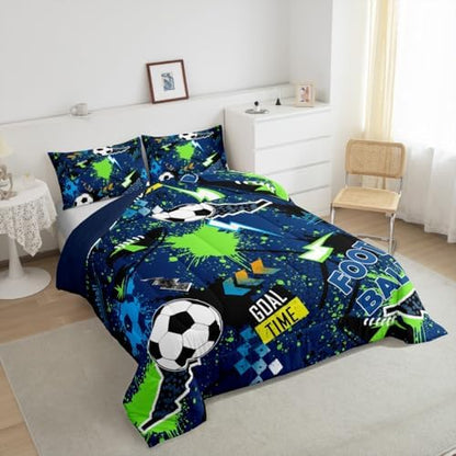 Erosebridal Boys Soccer King Size Comforter Set for Kids Teens Adults,Lightning Football Bedding Set,Sports Ball Game Duvet Insert,Sports Lover Bed Set for All Season