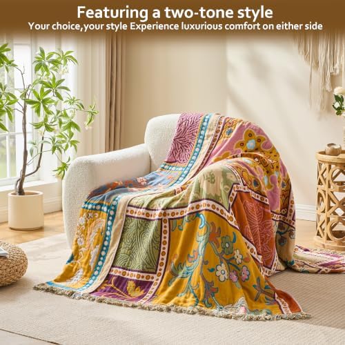 VANJOROY Boho Throw Blanket, 100% Organic Cotton Breathable Skin-Friendly Ultra Soft 50" x 60" Bed Patchwork Throw - Floral Rustic Luxury Reversible Blanket for Sofa Couch Chair and Gift,