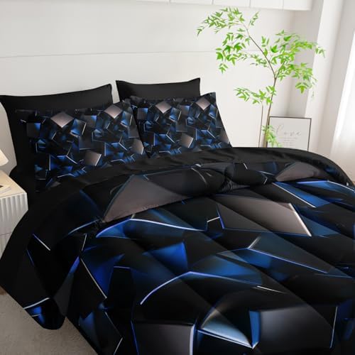 Nttopship Blue and Black Geometric Comforter Set Full Size 7PCS,Abstract Triangular Printed Bedding Set for Adults,Geometric Mordern Art Decor All Seasons with Pillowcases,Flat, Fitted Sheet