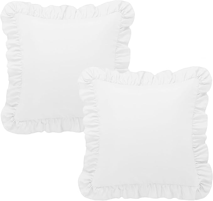 KKJIAF Ruffle Pillow Cases 18x18 Inches, White Square Ruffled Pillow Covers Set of 2, Microfiber Wrinkle Resistant Pillow Shams with Envelope Closure for Sofa Bed Living Room
