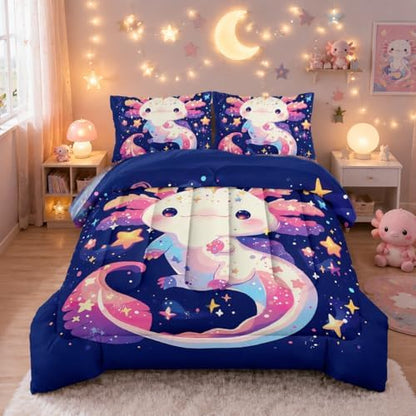 Nttopship Cartoon Axolotl Comforter Bedding Set with 2 Pillowcase King Size Pink Salamander Comforter Set for Kids Boys Girls Bedroom Decor