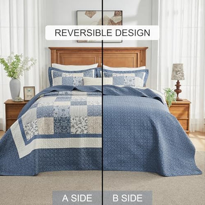 SahSahCasa 120"x120" 100% Cotton Oversized California King Bedspread Striped Quilt Set, Cal King Quilted Bedspread Extra Large Coverlet, XL Bed Spread Lightweight Comforter, Blue/White