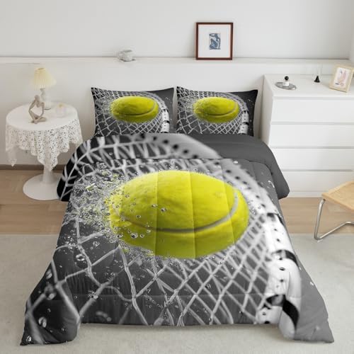 Castle Fairy Tennis Sports Bedding Set Toddler Size 3D Tennis Racket Comforter Set for Girls Boys Room Decor Fashion Sport Ball Games Down Comforter Yellow Grey Quilt Set with 1 Pillowcase