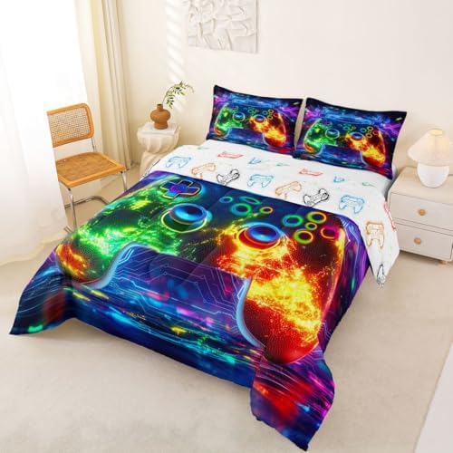 Erosebridal 3D Modern Gamer Comforter Set Gamer Controller Full Size Bedding Sets for Tween Boys Girls Geometric Neon Gaming Comforter Video Game Consoles Bed Set,Boys Room Decor