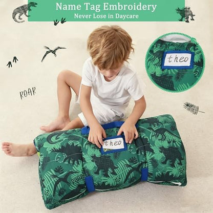 Toddler Nap Mat for Preschool 50''x30'' Sleeping Mat with Removable Pillow and Minky Blanket for Kids Ages 3-7 Roll Up Soft Sleeping Bag for Boys Girls Kindergarten Daycare Sleepover