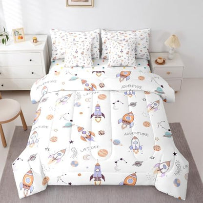 Erosebridal Kids Rocket 7 Pieces Bedding Set Queen Size,Cartoon Spaceship Bed in a Bag,Galaxy Themed Bed Set Includes Comforter,Sheet Set,Pillowcases & Pillow Covers,Planets Outer Space Bedroom Decor