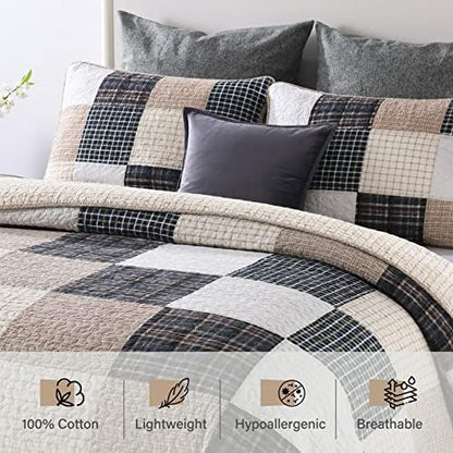 PERHOM Cotton Quilt Queen Size - 100% Cotton Summer Lightweight Bedspread, Brown Real-Patchwork Plaid Queen Quilt Bedding Set, All Season Breathable Coverlet/Comforter Set for Queen Bed, 3-Pieces