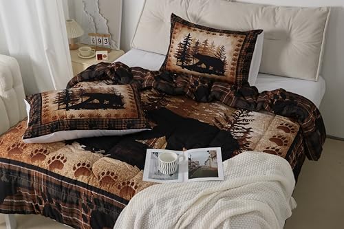Castle Fairy Bear Print Comforter Set Queen Size,Wild Animal Hunt Pine Trees Retro Bedding Set for Women Adult,Rustic Grid Plaid Cabin Decor Luxury Bed Duvet Insert, 2 Pillowcases