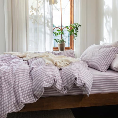 FOSSA Striped Duvet Cover Set 100% Washed Cotton Linen Feel Queen