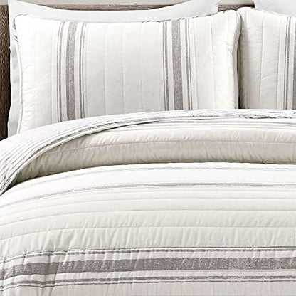 Lush Decor Farmhouse Stripe Reversible Cotton Quilt Queen Size 3 Piece Set Full/Queen Gray - Farmhouse Bedding Set Queen Quilt - Striped Bedding