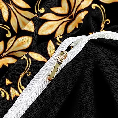 Golden Scrolls Print Duvet Cover and Pillow Shams Green Gems Deco for Girls and Boys Bedding Set King Size Black Color Bed Sets