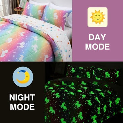 Holawakaka Glow in The Dark Unicorn Kids Queen Comforter Set 5-Pieces