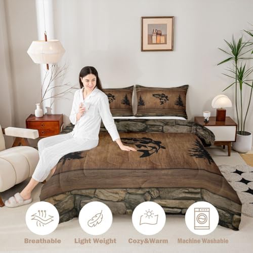Manfei Pike Fish Comforter Set Twin Size,Rustic Farmhouse Brown Wooden Bedding Set 2pcs,Fishing and Hunting Down Comforter for All Season,Kids Boys Girls Room Decor,1 Pillowcase,No Sheets