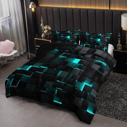 Nttopship Neon Turquoise Black Comforter Set King Geometric Kids Bedding Set,3 PCS Geometry Honeycomb Bed Set Modern Quilt Set 1 Comforter 2 Pillow Cases Cool Room Decor All Season B-Side Black