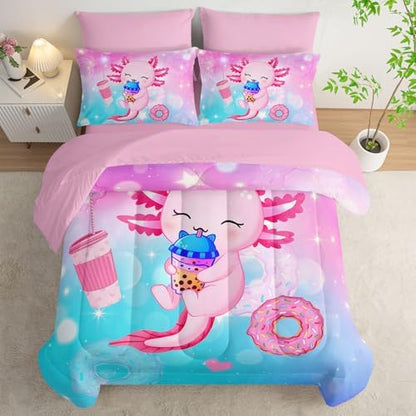 HOSIMA 7Pcs Axolotl Comforter Set Animal Bedding Room Decor for Teens,Dessert Milk Tea Donut with Cute Sheets Queen and Fitted Sheet Fantasy Blue Purple Queen Size Bed in a Bag with 4 Pillowcases.
