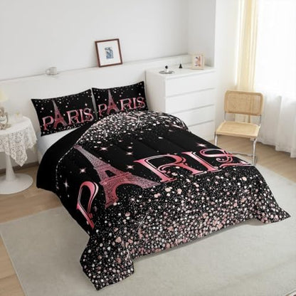Erosebridal Eiffel Tower Comforter Set Queen Size, Paris France Duvet Sets for Kids Teens Adult Women Bedroom Decor Starry Sky Bling Bedding Set City Building Quilted Duvet with 2 Pillow Cases