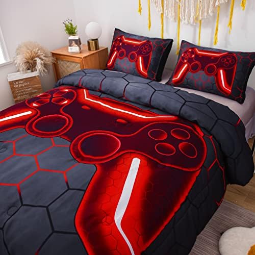 NTBED Game Console Comforter Set for Boys Girls Kids 3D Gaming Geometric Lightweight Microfiber Bedding Sets (Red, Queen 5Pcs)