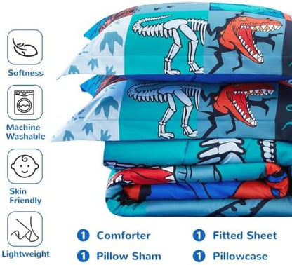 Viviland Kids Bedding Set Twin Size Comforter Sets, Bed in Dinosaur Patchwork Cover Set for Children