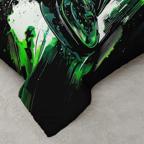 AILONEN Motorcycle Comforter Set 3 Piece Neon Green Speed Bike Bedding Brushed Microfiber Lightweight Bedspread Teens Boys Bedroom Decor