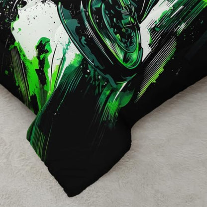 AILONEN Motorcycle Comforter Set 3 Piece Neon Green Speed Bike Bedding Brushed Microfiber Lightweight Bedspread Teens Boys Bedroom Decor