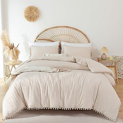 YIRDDEO King Size Comforter Set, Beige Ball Pom Fringe Bedding Set 3 Pieces