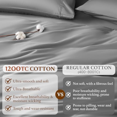 DEITAS 100% Cotton King Duvet Covers 3 Piece,1200 Thread Count，Grey