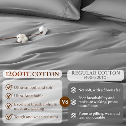 DEITAS 100% Cotton King Duvet Covers 3 Piece,1200 Thread Count，Grey