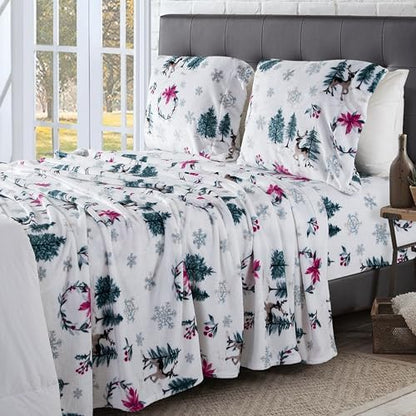 Elegant Comfort Luxuriously Soft 4-Piece Holiday Velvet Plush Flannel Sheet Set - Premium Quality - Cozy Warm, Christmas Fuzzy Velvet Flannel Fleece Deep Pocket Sheet Set - Twin, Christmas Wreath