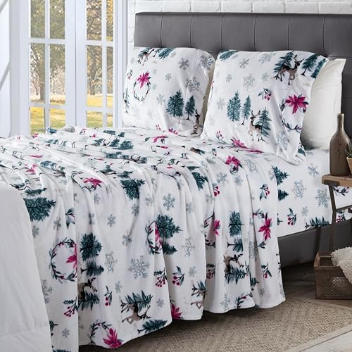 Elegant Comfort Luxuriously Soft 4-Piece Holiday Velvet Plush Flannel Sheet Set - Premium Quality - Cozy Warm, Christmas Fuzzy Velvet Flannel Fleece Deep Pocket Sheet Set - Full, Christmas Wreath