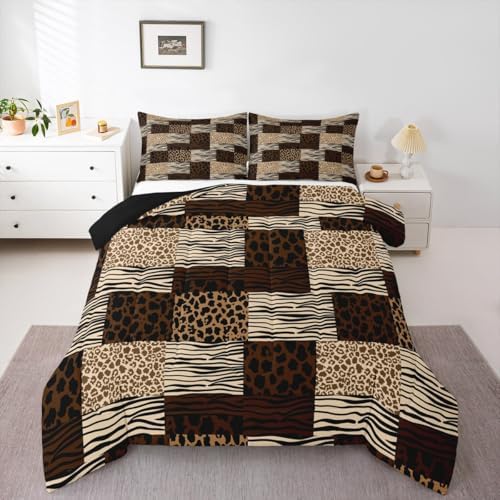 Manfei Black Leopard Comforter Set Full Size,Cheetah Zebra Wildlife Animal Abstract Skin Bedding Set,Girls Boys Room Decor,Geometric Plaids Stripe Dot Quilt Comforter,Brown Duvet Insert,2 Pillowcases