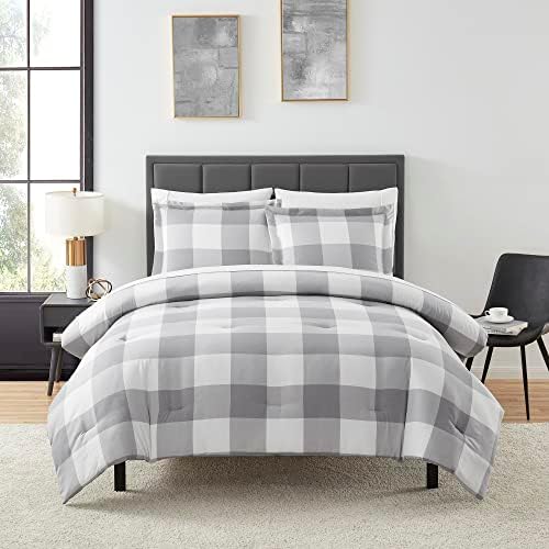7 Piece Comforter Set Bag Solid Color All Season Soft Down Alternative Blanket & Luxurious Microfiber Bed Sheets, Queen, Checkered Box
