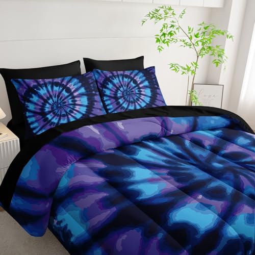 7Pcs Tie Dye Comforter Set Blue Spiral Printed Bedding Set with 1 Comforter, 1 Flat Sheet, 1 Fitted Sheet and 4 Pillowcases for Boys and Girls Bedroom (Spiral Queen