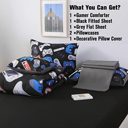 JQinHome Queen Gamer Comforter Set for Boys,6 Piece Bed in A Bag 3D Video Game Bedding -All Season Soft Microfiber Down Alternative Comforter Gamer Bedding Sets for Kids(Gamepad Collection)