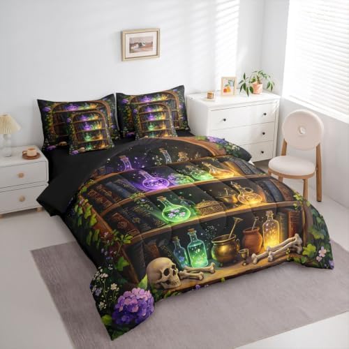 Erosebridal Witchcraft Library 7 Pcs Bedding Set Full Gothic Bookshelf Skull Comforter Set with Sheets Mysterious Spooky Halloween Bed in a Bag Wizard Antique Magic Bookcase Vintage Bed Sets Comforter