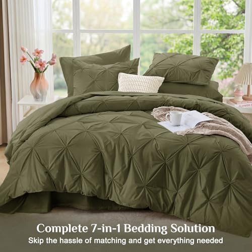 JOLLYVOGUE Queen Comforter Set 7 Pieces - Bed in a Bag Queen for All Season, Pintuck Bedding Comforter Sets with Comforter, Flat Sheet, Fitted Sheet and Pillowcases & Shams, Olive Green