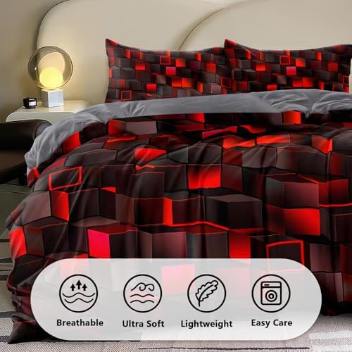 6 Piece Bed in a Bag 3D Block Comforter Set Queen Size for Boys Kids Room Vibrant Red Gaming Block Bedding Set for Boys Girls Kids Teens Bedroom Decorative Queen11
