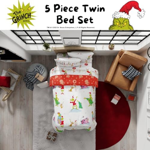 Grinch by Dr. Seuss Holiday & Christmas Bedding Soft Comforter and Sheet Set with Sham, 5 Piece Twin Size, (Official Dr. Seuss Product) by Franco