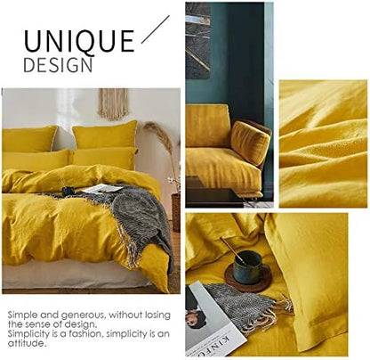Simple&Opulence 100% Linen Duvet Cover Set 3pcs Basic Style Natural French Washed Flax Solid Color Soft Breathable Farmhouse Bedding with Button Closure - Mustard Yellow, Queen