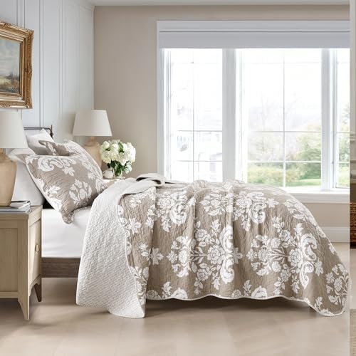 Queen Size Quilt Set - 100% Cotton Taupe and White Quilts, 90x98