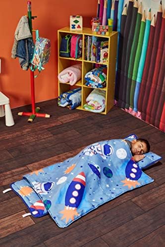 EVERYDAY KIDS Nap Mat w/Removable Pillow -Outer Space Adventures- Carry Handle with Straps Closure, Rollup Design, Soft Microfiber for Preschool, Daycare, Travel Sleeping Bag - Ages 3-6 Years