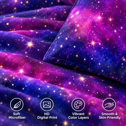 Galaxy Duvet Cover Space Bedding Set King Size for Teen Kids, for Boys and Girls Purple Bed Set Printed with 1 Comforter Cover and 2 Pillowcases